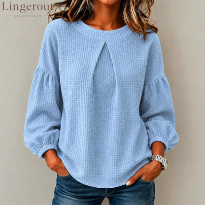 Waffle Textured Pleated Neck Balloon Long Sleeve Blouse - Sky blue / S