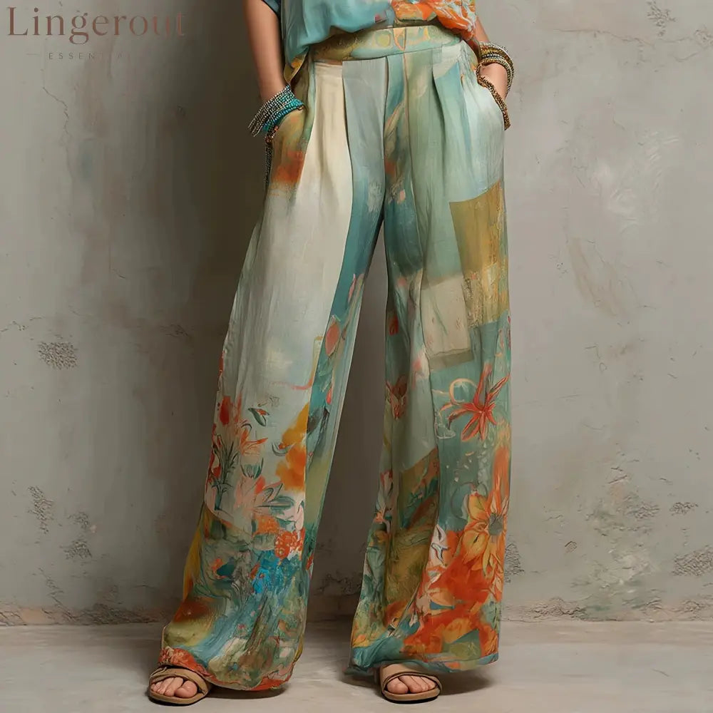 Watercolor Floral Print Two-Piece Linen-Blend Set