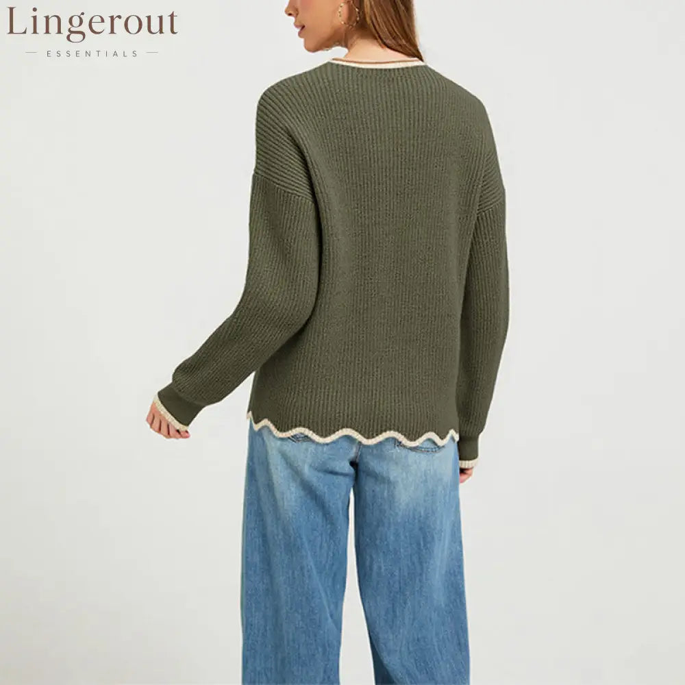 Wavy Hem Contrast Trim Knit Sweater