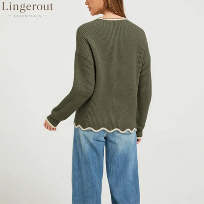 Wavy Hem Contrast Trim Knit Sweater
