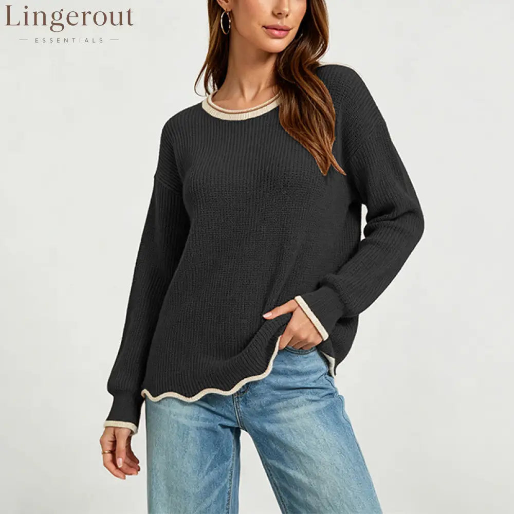 Wavy Hem Contrast Trim Knit Sweater