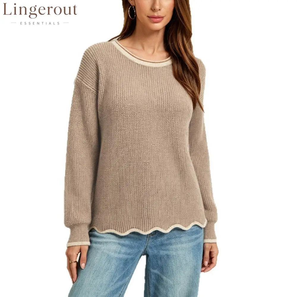 Wavy Hem Contrast Trim Knit Sweater