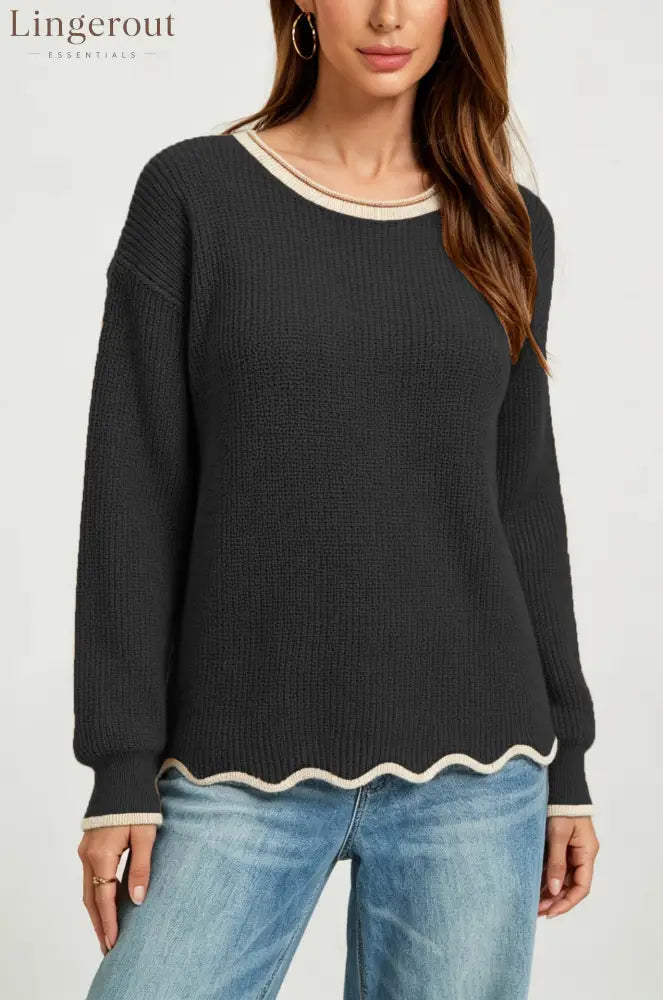Wavy Hem Contrast Trim Knit Sweater - Black / S