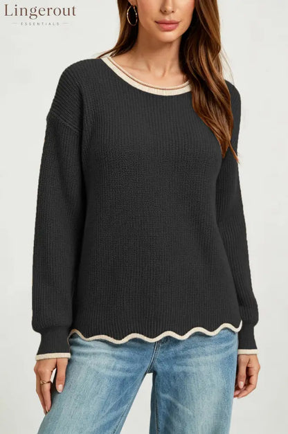 Wavy Hem Contrast Trim Knit Sweater - Black / S