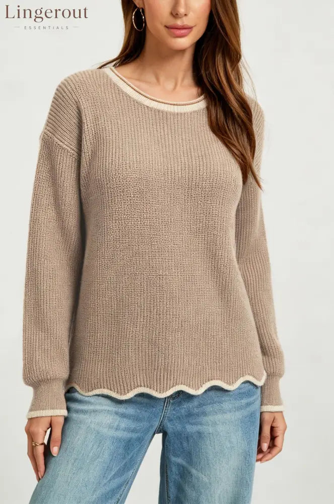 Wavy Hem Contrast Trim Knit Sweater - Dark apricot / S