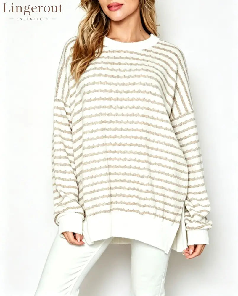 Wavy‑Stripe Oversized Crew Neck Knit Sweater - Khaki / S