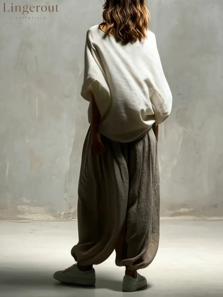 White Batwing Wide-sleeved Top And Light Khaki Harem Pants Suit - Matching Sets