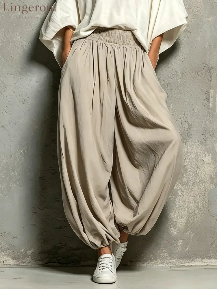 White Batwing Wide-sleeved Top And Light Khaki Harem Pants Suit - Matching Sets