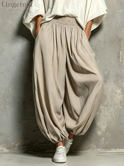 White Batwing Wide-sleeved Top And Light Khaki Harem Pants Suit - Matching Sets