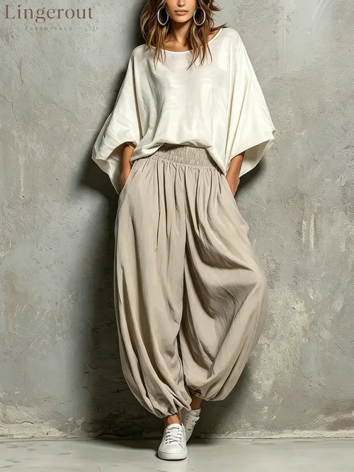 White Batwing Wide-sleeved Top And Light Khaki Harem Pants Suit - White / S - Matching Sets
