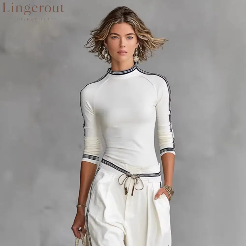 White Contrast Strip Trim Mock Neck 3/4 Sleeve Top