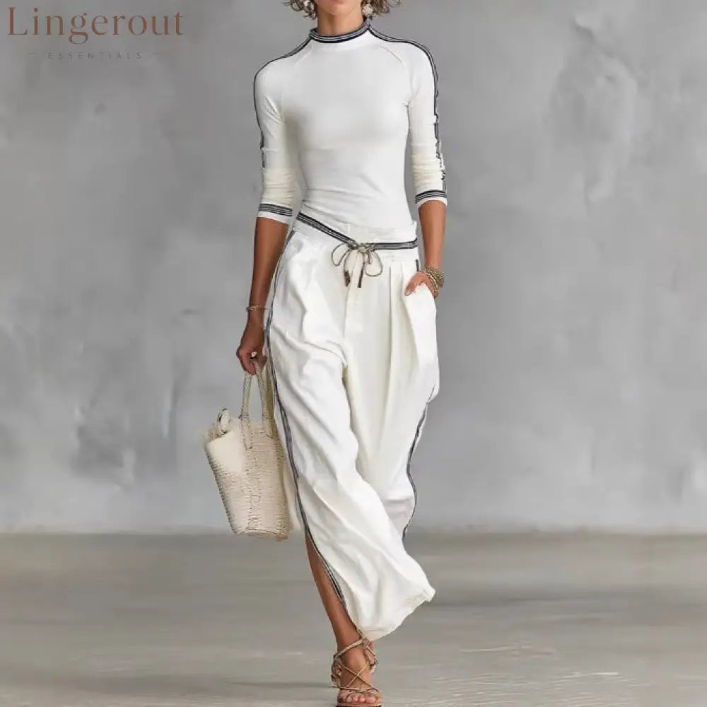White Contrast Strip Trim Mock Neck 3/4 Sleeve Top