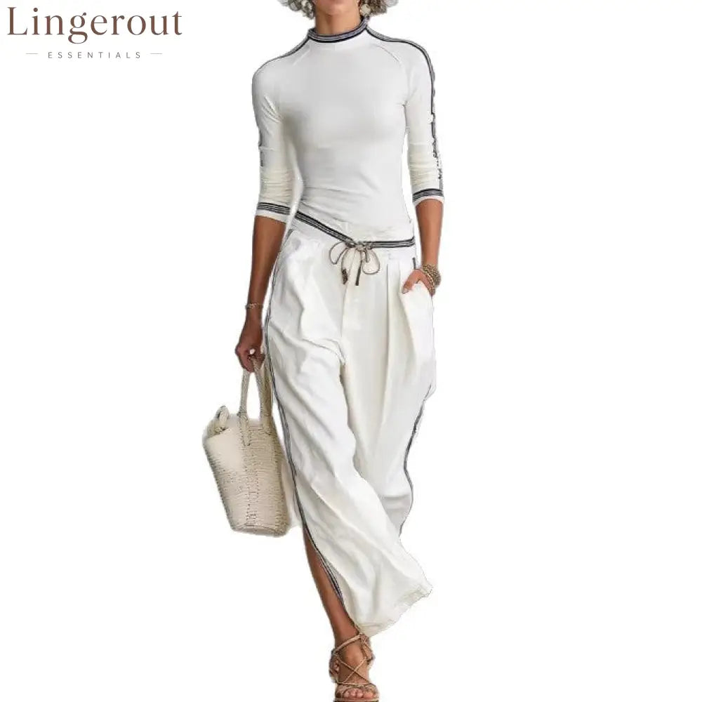 White Contrast Strip Trim Mock Neck 3/4 Sleeve Top