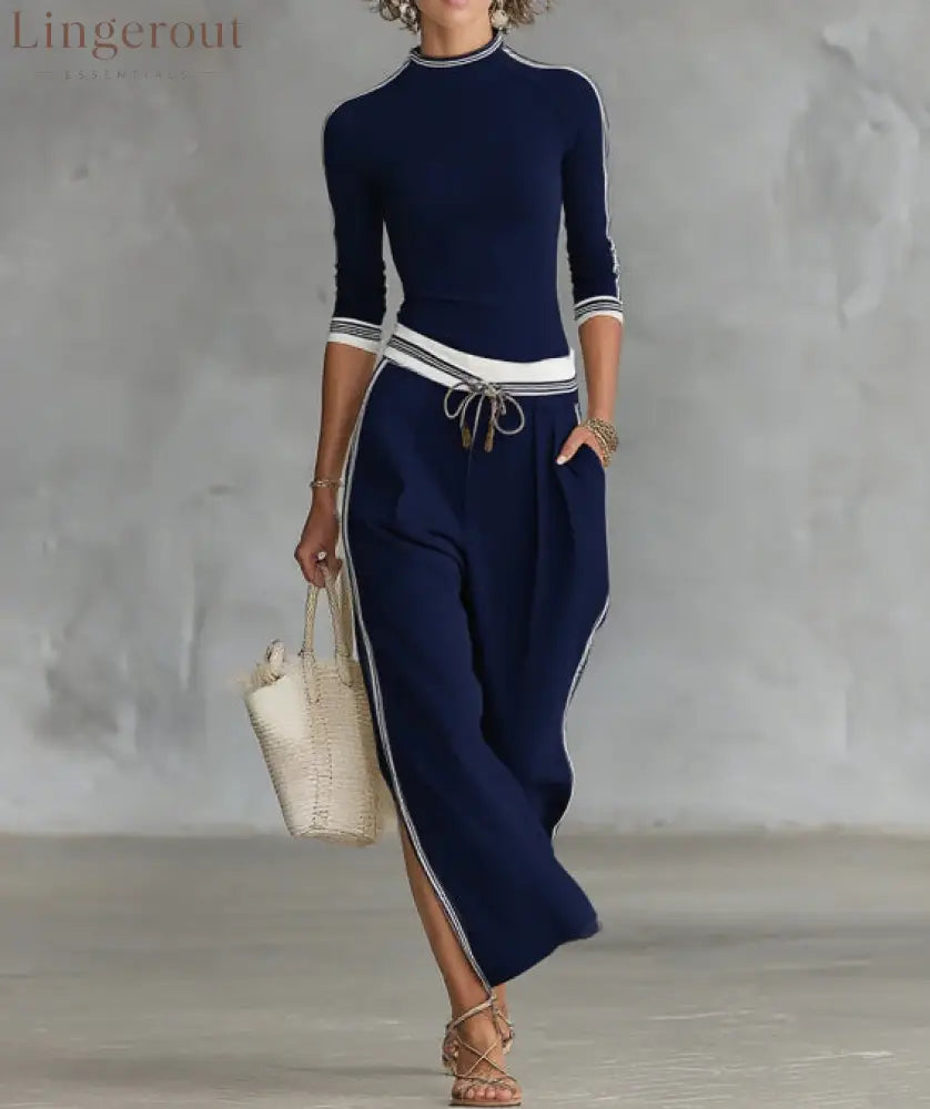 White Contrast Strip Trim Mock Neck 3/4 Sleeve Top - Navy blue / S