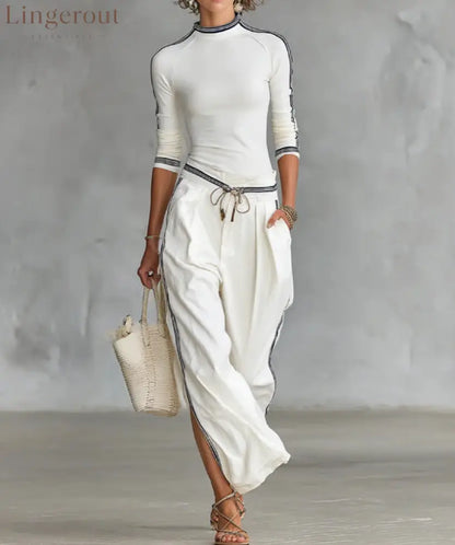 White Contrast Strip Trim Mock Neck 3/4 Sleeve Top - White / S