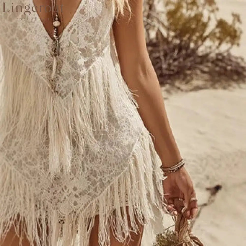 White Crochet Lace Halter Fringe Mini Tunic Dress