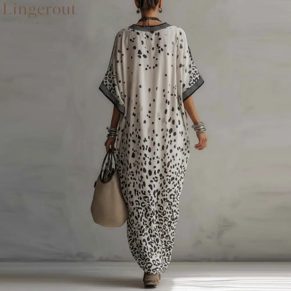 White Gradient Leopard Print Batwing Caftan Maxi Kaftan Dress