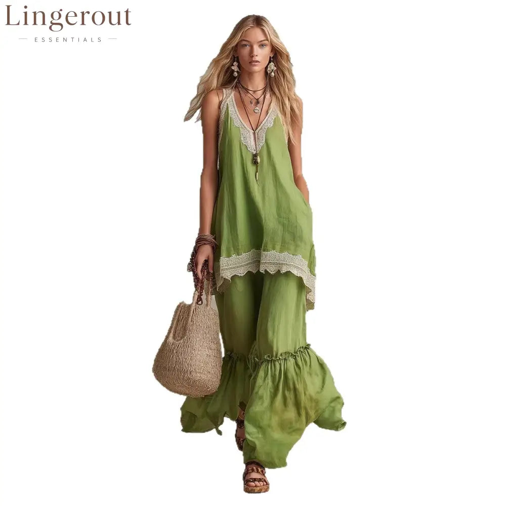 White Lace-Trim Tunic & Ruffle Pants Set