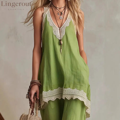 White Lace-Trim Tunic & Ruffle Pants Set