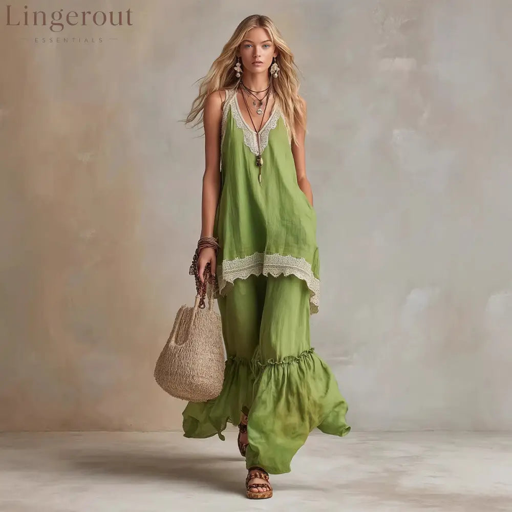 White Lace-Trim Tunic & Ruffle Pants Set