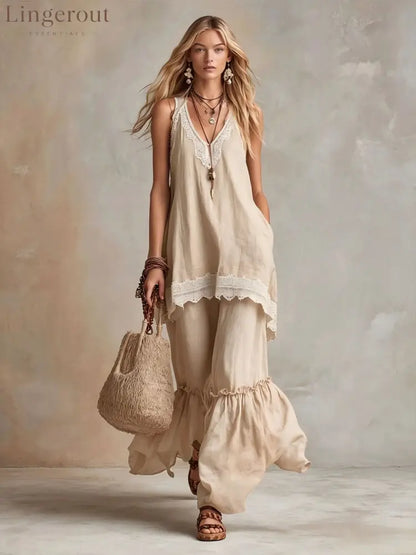 White Lace-Trim Tunic & Ruffle Pants Set - Apricot / S