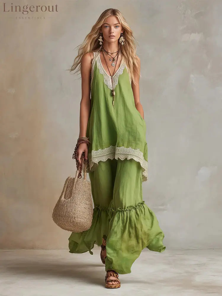 White Lace-Trim Tunic & Ruffle Pants Set - Green / S