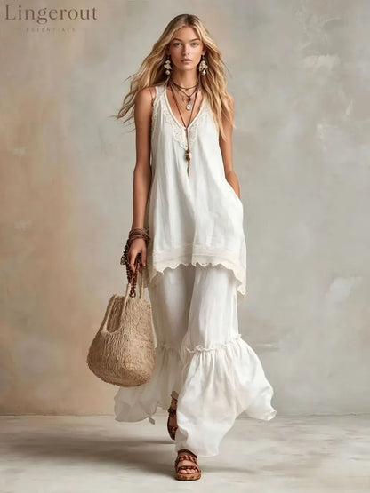 White Lace-Trim Tunic & Ruffle Pants Set - White / S