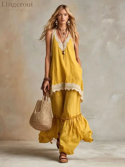 White Lace-Trim Tunic & Ruffle Pants Set - Yellow / S