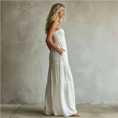 White Smocked Wide-Leg Jumpsuit