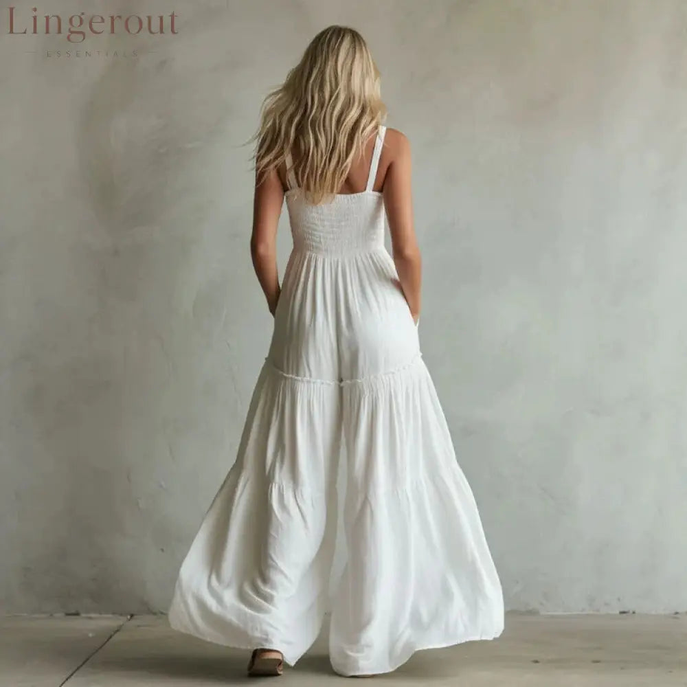 White Smocked Wide-Leg Jumpsuit