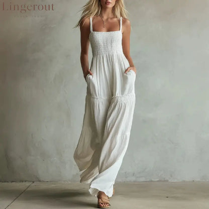 White Smocked Wide-Leg Jumpsuit - White / S