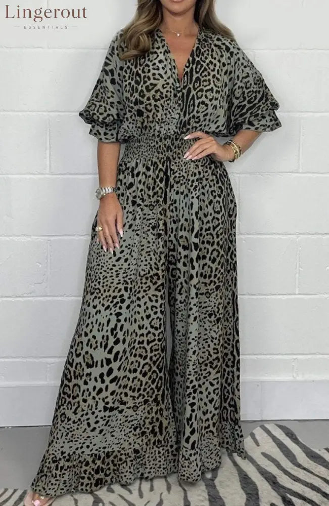 Wild Elegance Leopard Print Wide-Leg Jumpsuit - Green / S