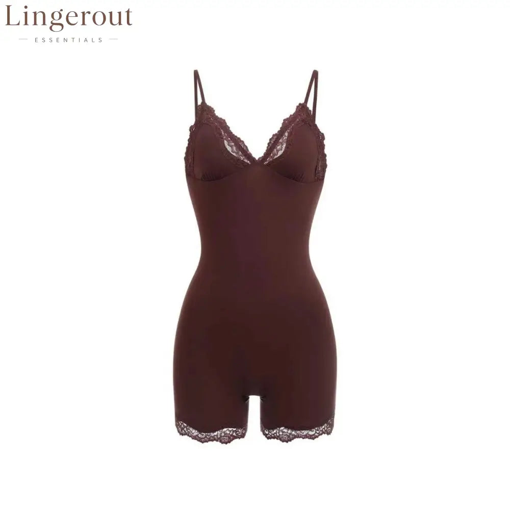 Wireless Lace V-Neck Shaping Bodysuit - Cocoa / XS