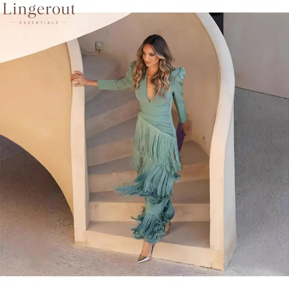 Women Deep V Puff Sleeve Wrap Fringe Midi Dress