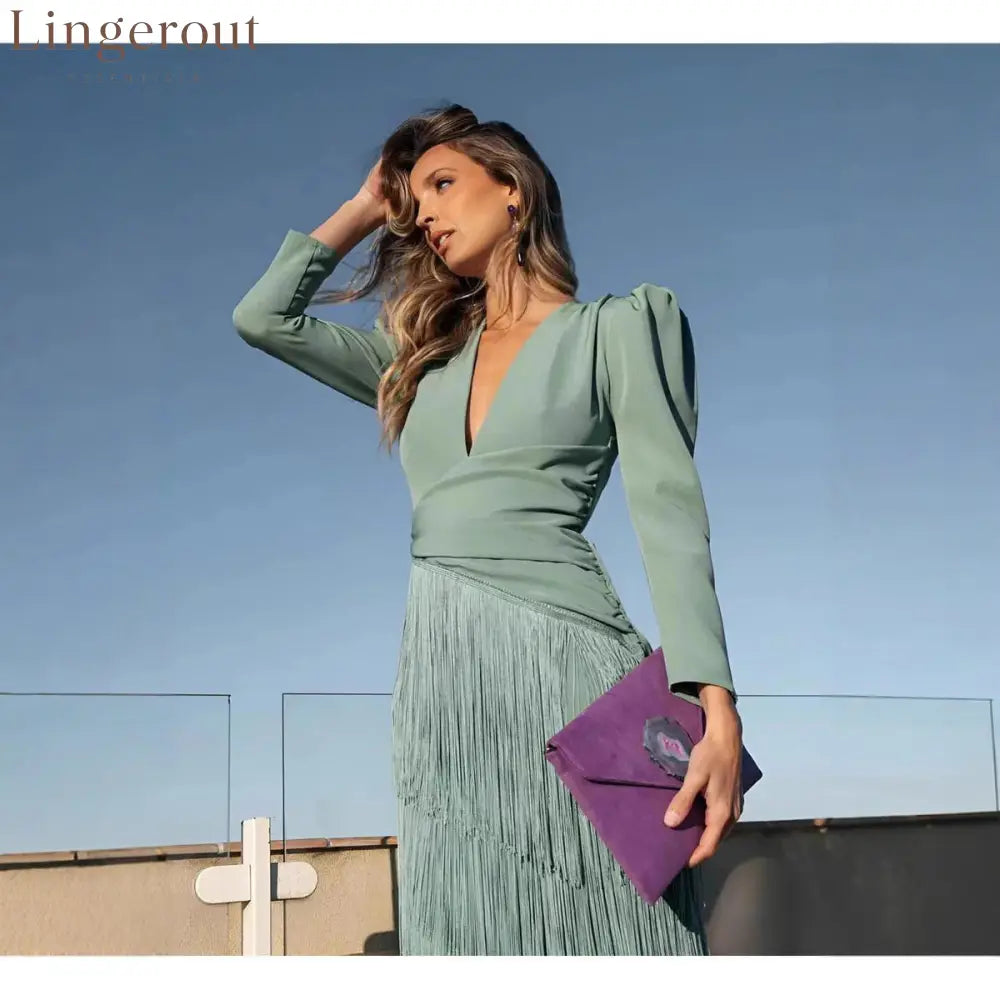 Women Deep V Puff Sleeve Wrap Fringe Midi Dress
