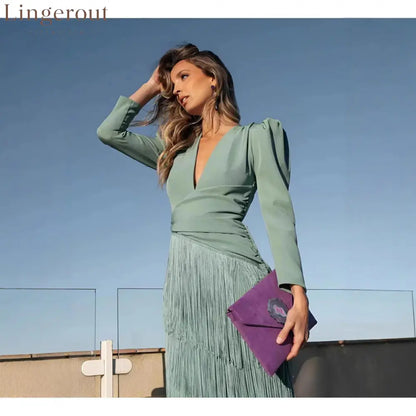 Women Deep V Puff Sleeve Wrap Fringe Midi Dress
