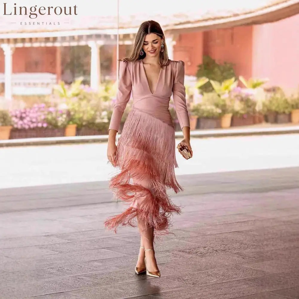 Women Deep V Puff Sleeve Wrap Fringe Midi Dress