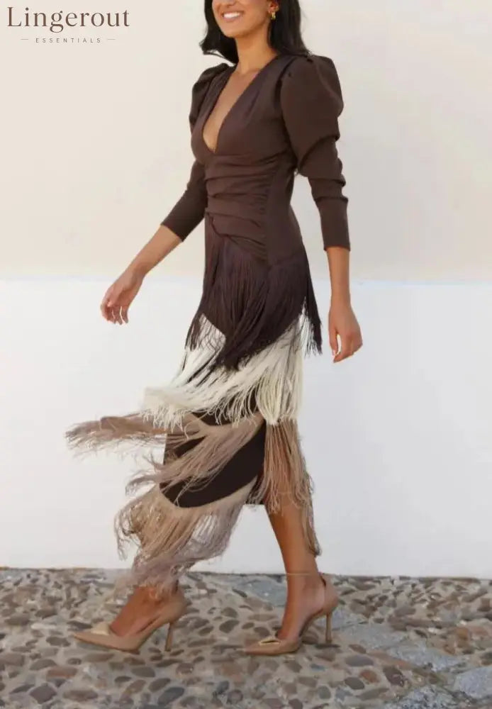 Women Deep V Puff Sleeve Wrap Fringe Midi Dress - Brown / XS