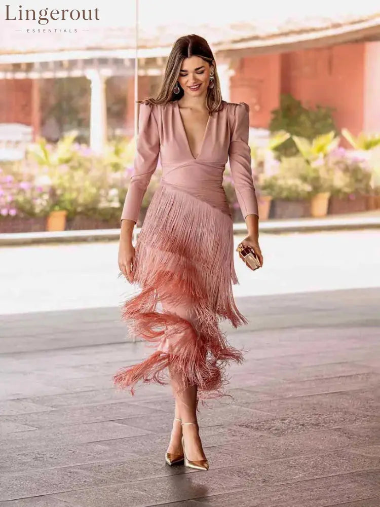 Women Deep V Puff Sleeve Wrap Fringe Midi Dress - Pink / XS