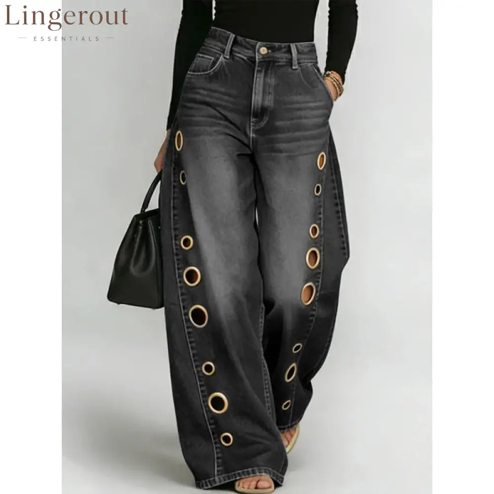 Women High Waist Wide Leg Jeans - Black / S