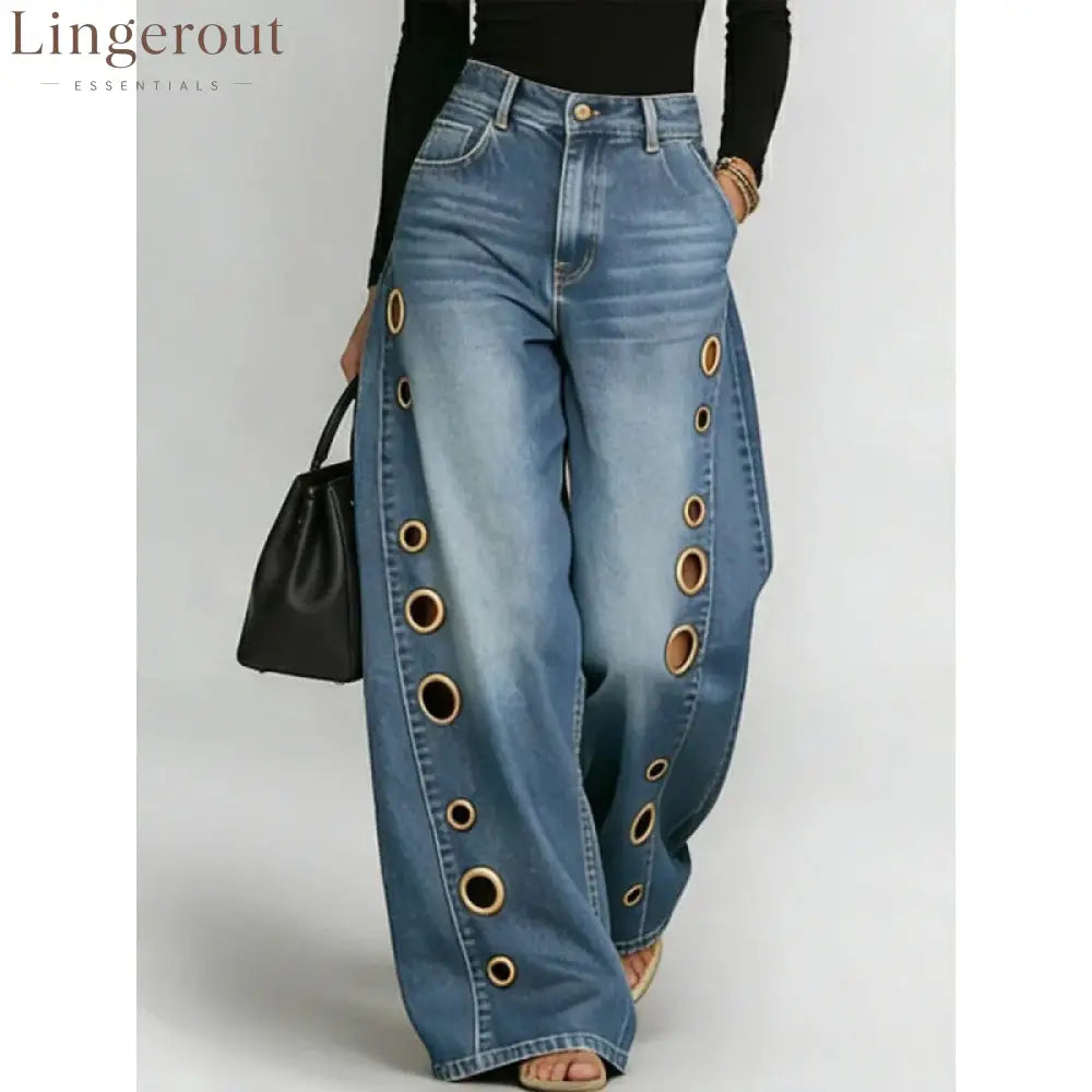 Women High Waist Wide Leg Jeans - Light blue / S