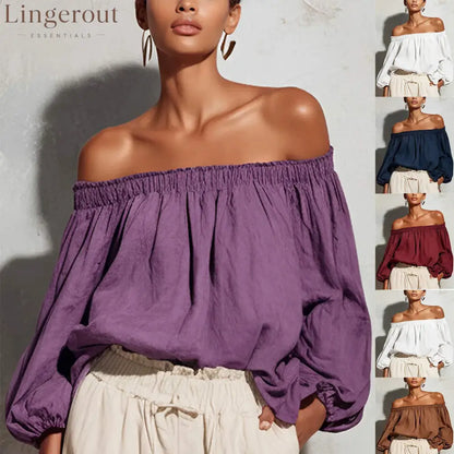 Women Off Shoulder Puff Bubble Sleeve Crinkled Casual Blouse