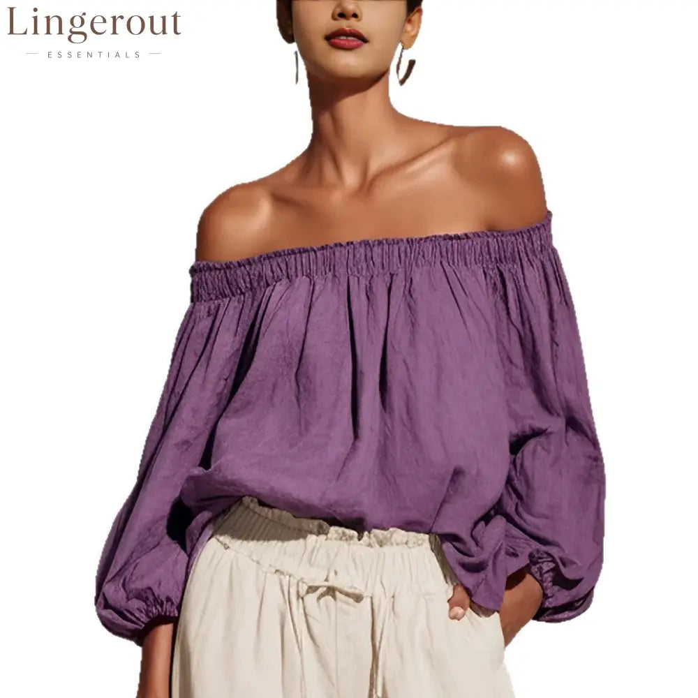 Women Off Shoulder Puff Bubble Sleeve Crinkled Casual Blouse