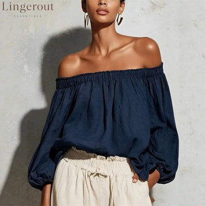 Women Off Shoulder Puff Bubble Sleeve Crinkled Casual Blouse