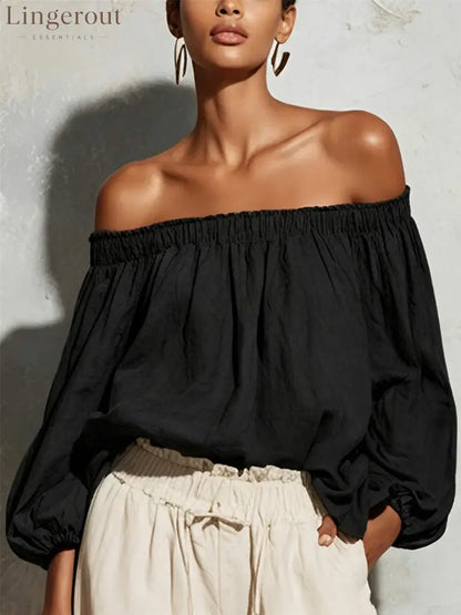 Women Off Shoulder Puff Bubble Sleeve Crinkled Casual Blouse - Black / S
