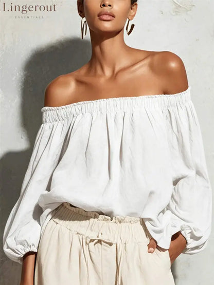 Women Off Shoulder Puff Bubble Sleeve Crinkled Casual Blouse - White / S