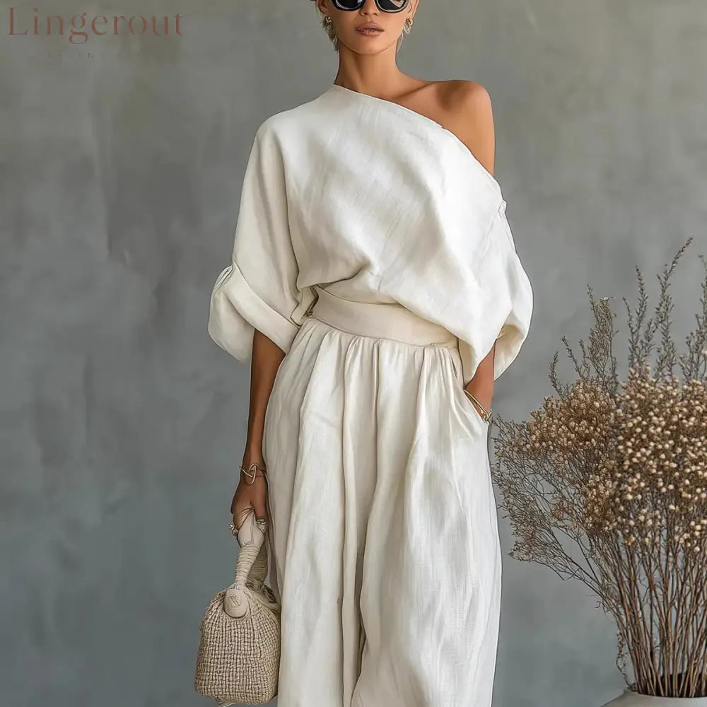 Women One Shoulder Linen Two Piece Outfit Oversized Roll Sleeve Top