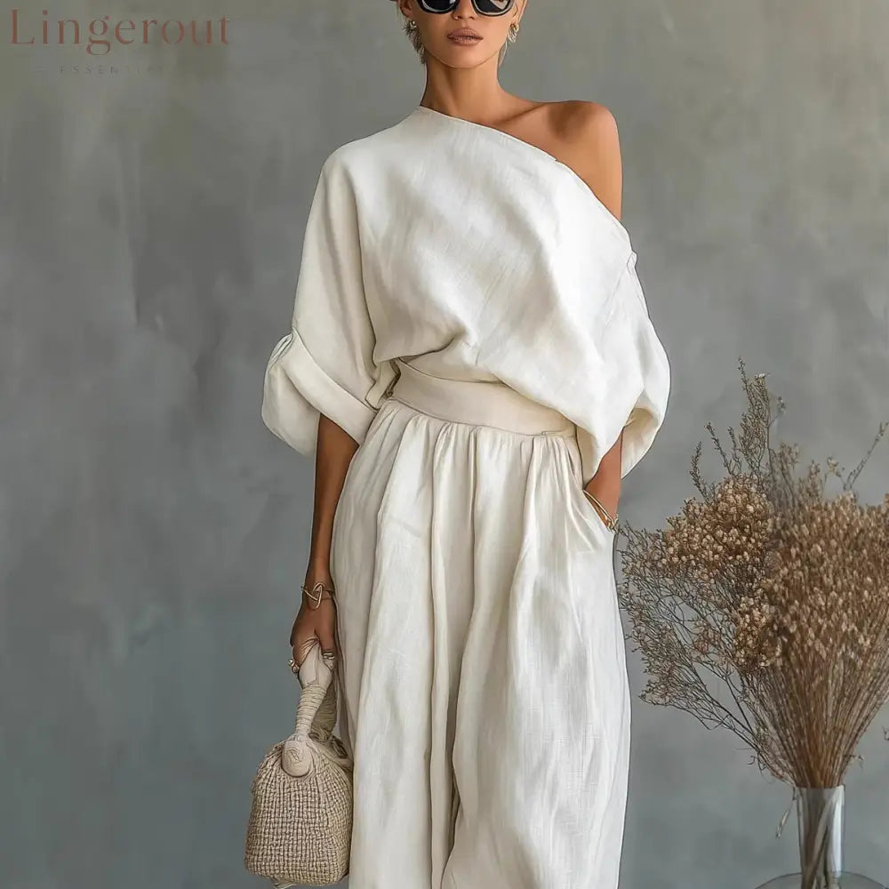 Women One Shoulder Linen Two Piece Outfit Oversized Roll Sleeve Top