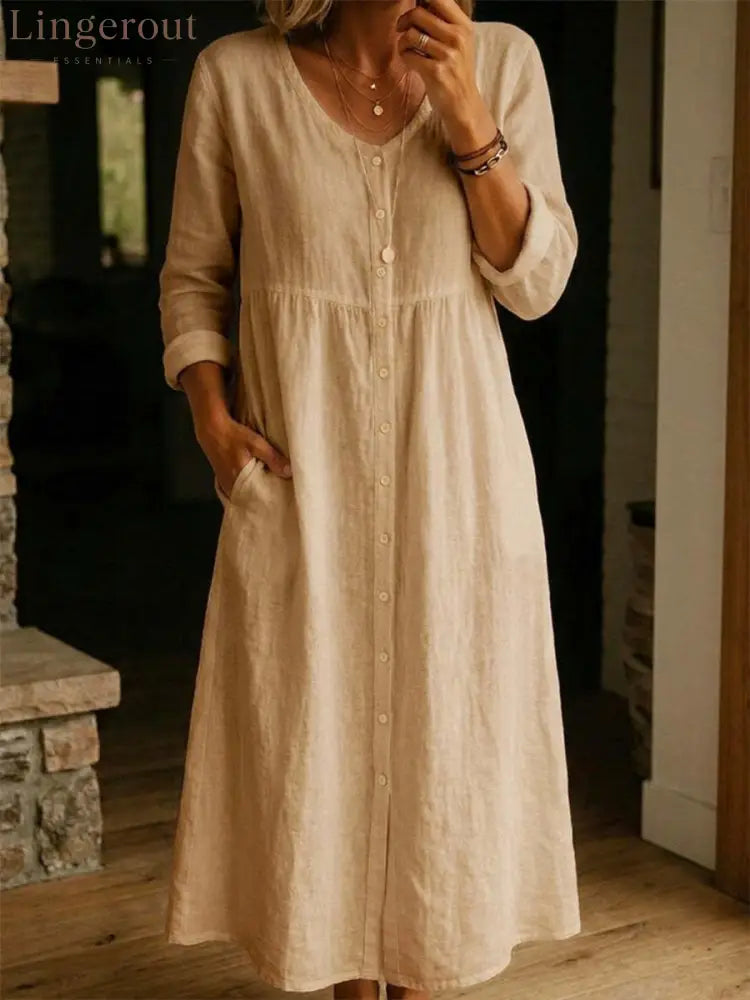 Women Plain Spring/Fall Dress Long Sleeve A-Line Dress - Apricot / S