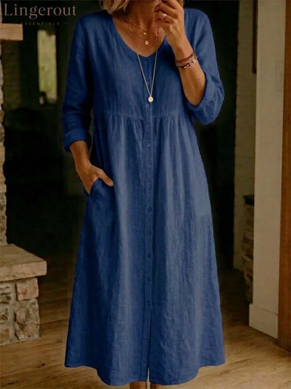 Women Plain Spring/Fall Dress Long Sleeve A-Line Dress - Navy blue / S